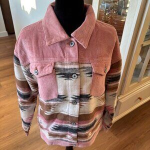 Umgee Pink Southwestern Navaho Print Half Cord Oversized Shacket Jacket NWT S
